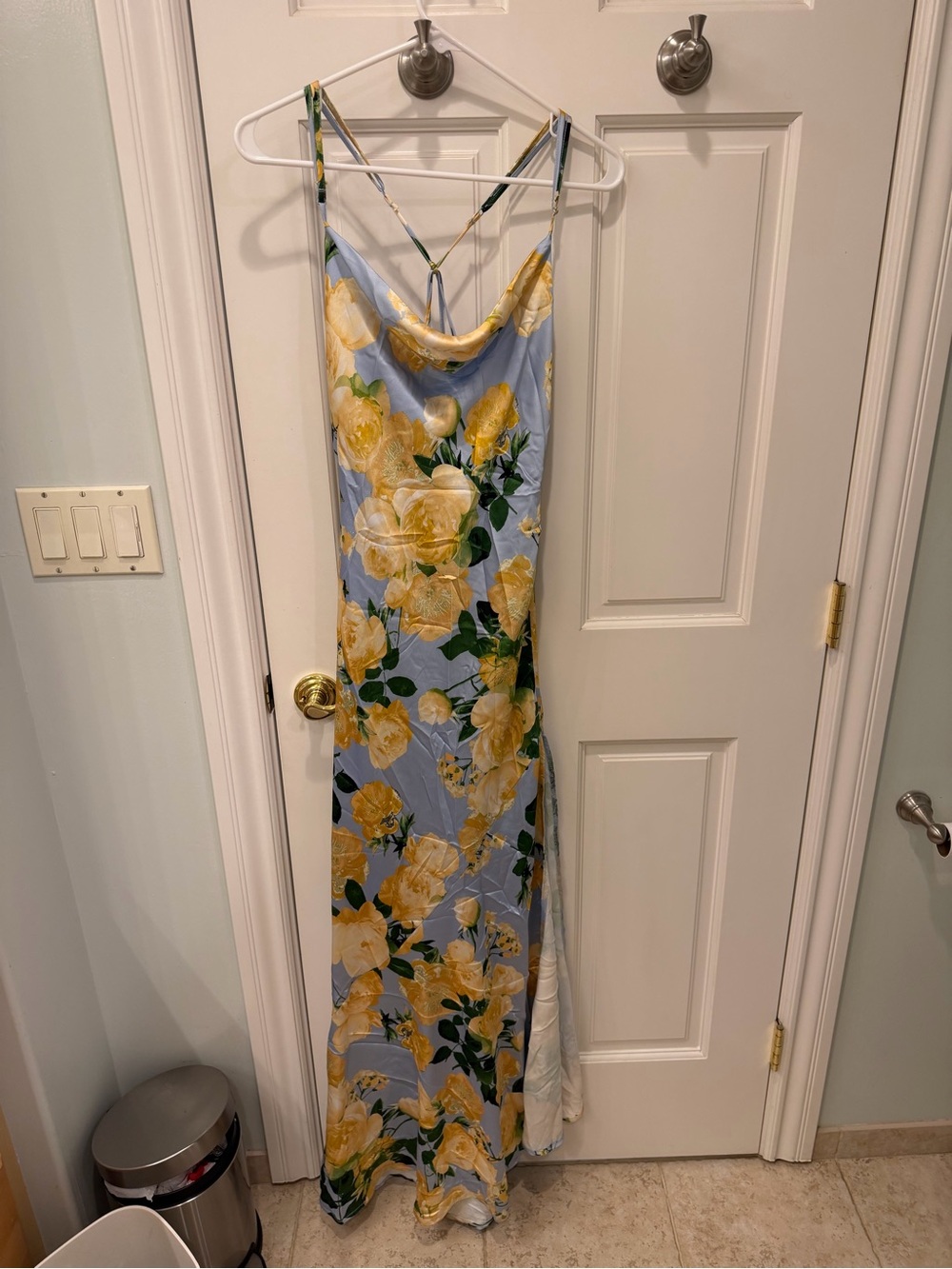 Katia Rae Blue Floral Satin Cowl Neck Maxi Slip Dress Yellow Roses Size M